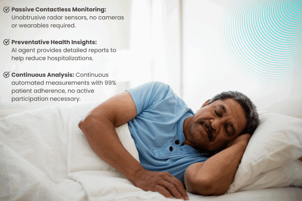 Vitals & Bed Monitoring 1 Sleeping man with radar monitoring health.