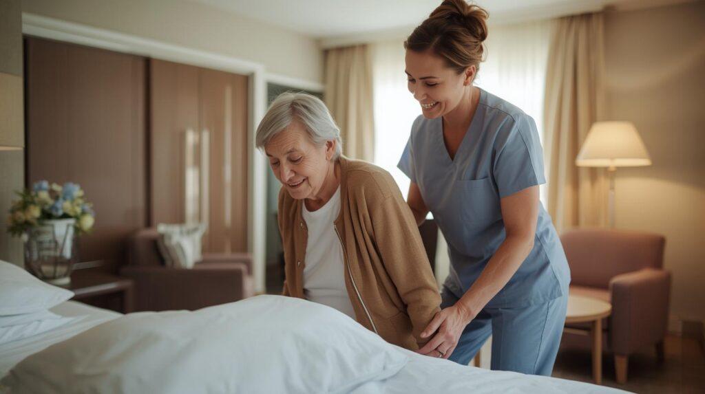 From Claims to Coverage: Using Fall Prevention to Lower Insurance Costs 1 An image of a caregiver helping a senior get out of bed in a nursing home or care facility