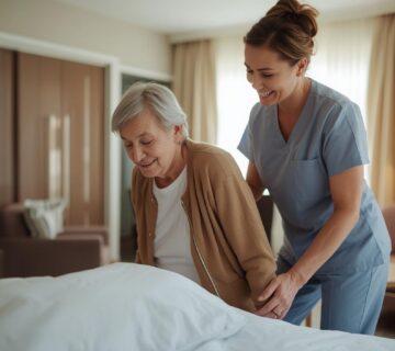 An image of a caregiver helping a senior get out of bed in a nursing home or care facility